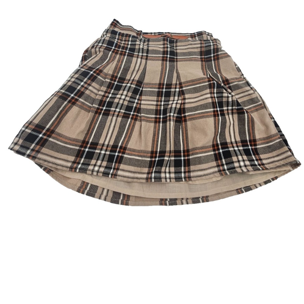 Girls Plaid Skirt Size 10 Brown Beige Lined Elastic Waist Preppy Academia Fall - Picture 2 of 6